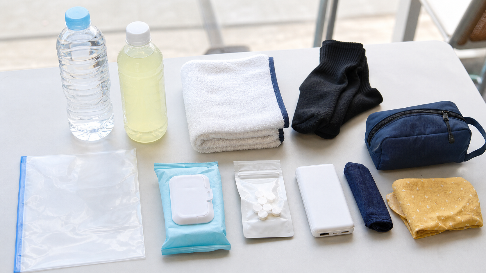 水分、タオル、着替え、モバイルバッテリーなど夏の現場にあると便利な持ち物