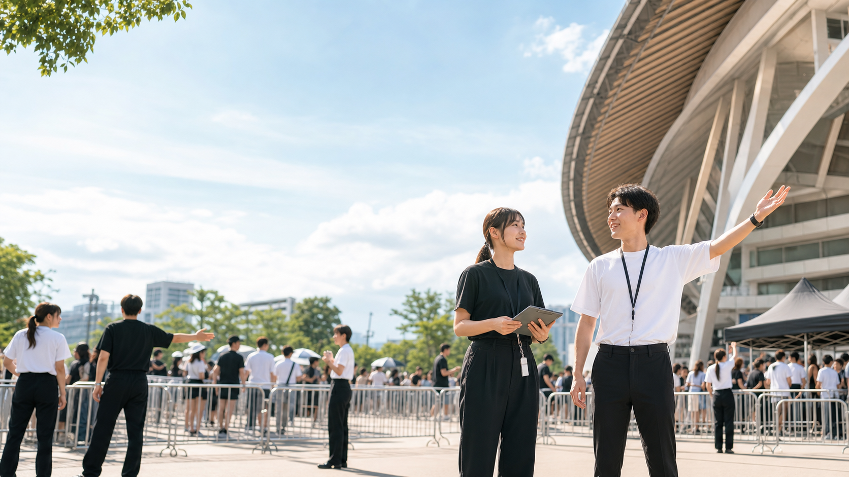夏のイベント会場で来場者を案内するスタッフのイメージ